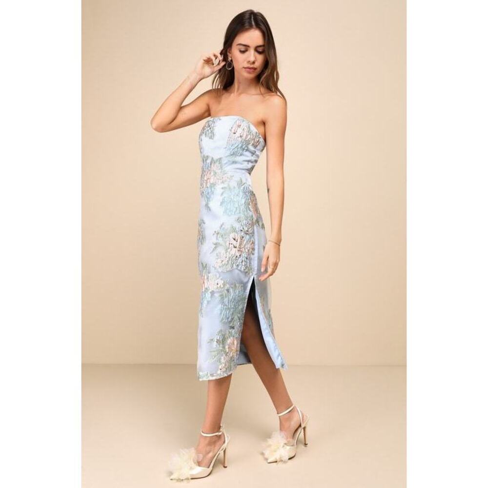 Lulus NWT Upgraded Event Blue Jacquard Strapless Bustier Midi Dress - Size L